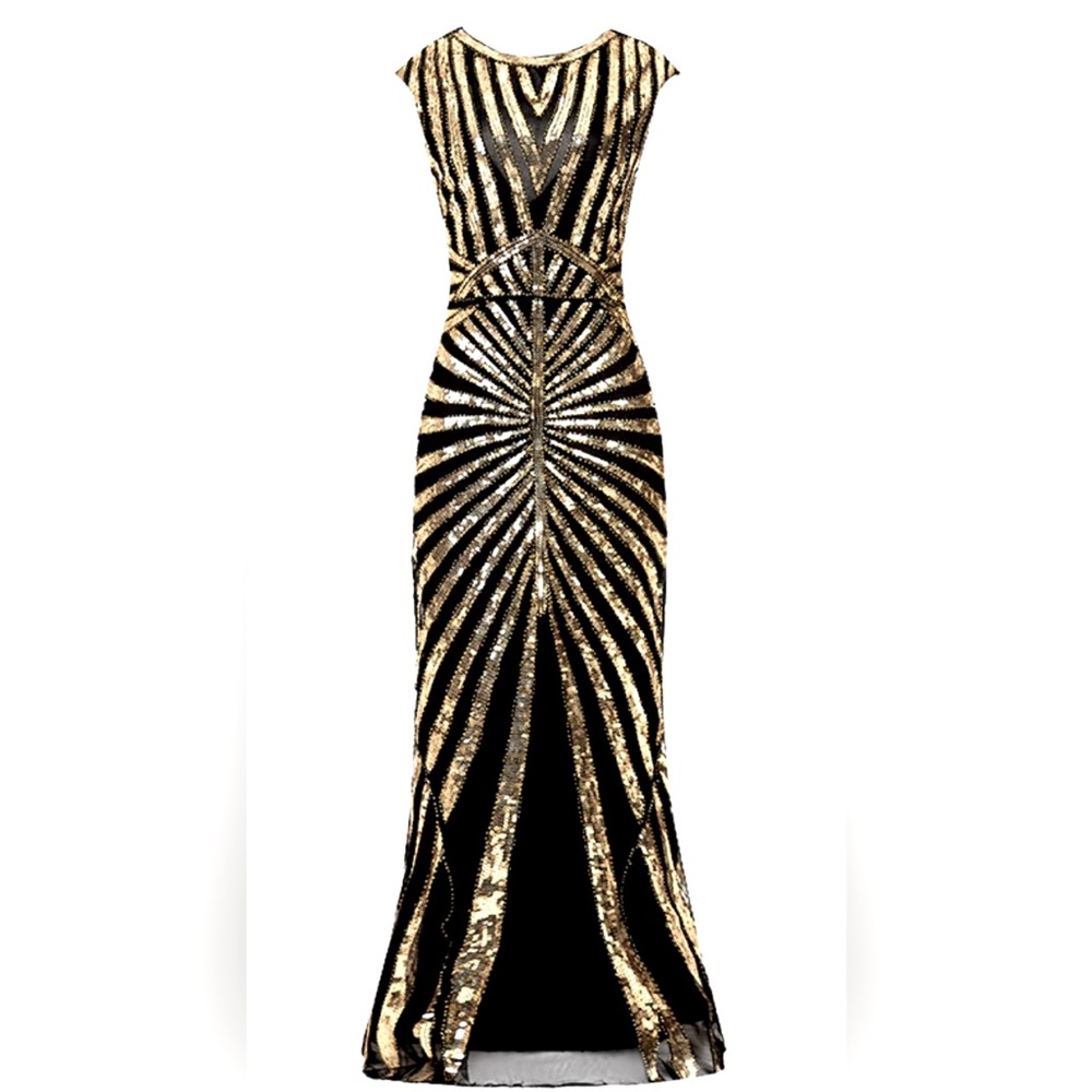 Gold 1920s Sequin Art Deco Maxi Dress